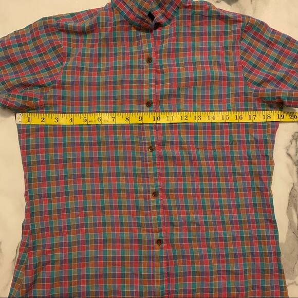 Vintage 70s Gap purple green plaid check button down short sleeve shirt MEDIUM - Picture 6 of 8